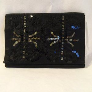 Magid Black Sequin Evening Bag Satin Fabric Thin Envelope Purse Clutch Handbag